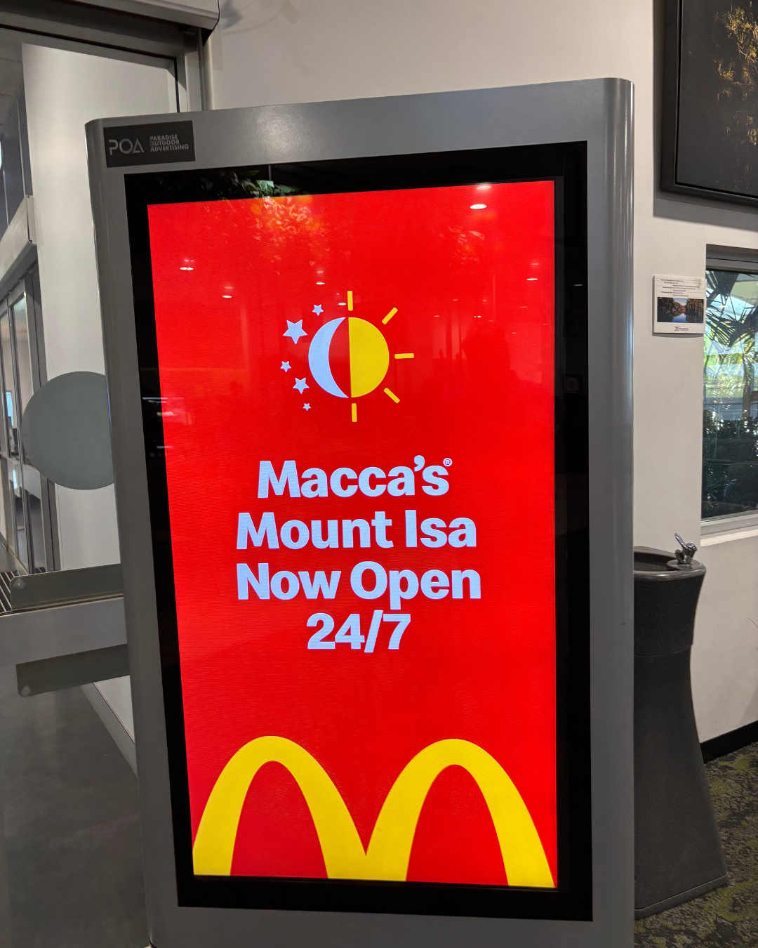 Digital sign advertising McDonald's Mount Isa being open 24/7